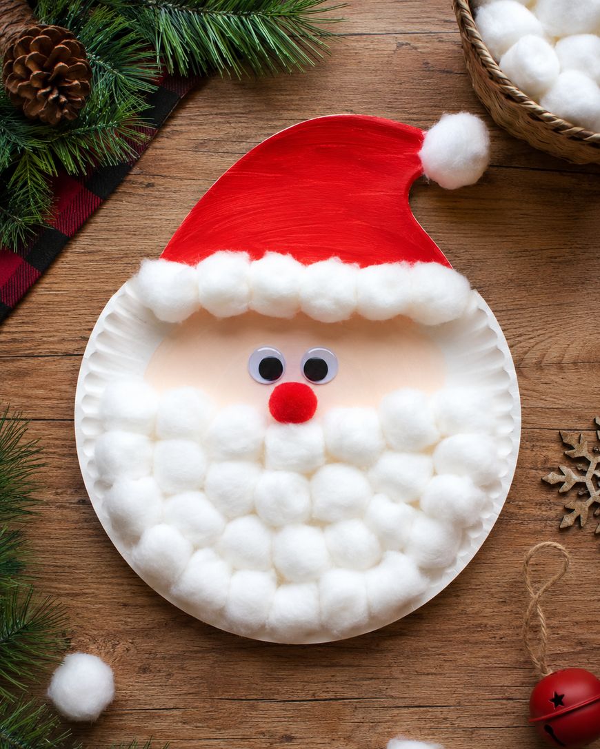 A Santa face craft made from a paper plate, cotton balls for the beard and hat trim, googly eyes, and a red nose, on a wooden table with festive decorations.