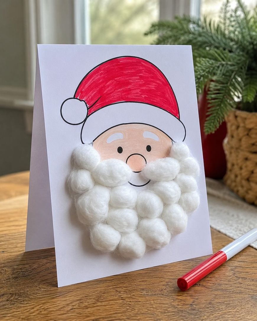 A handmade Santa card with cotton balls for a beard and a red hat, standing on a wooden table with a red marker nearby. A plant and window are in the background.