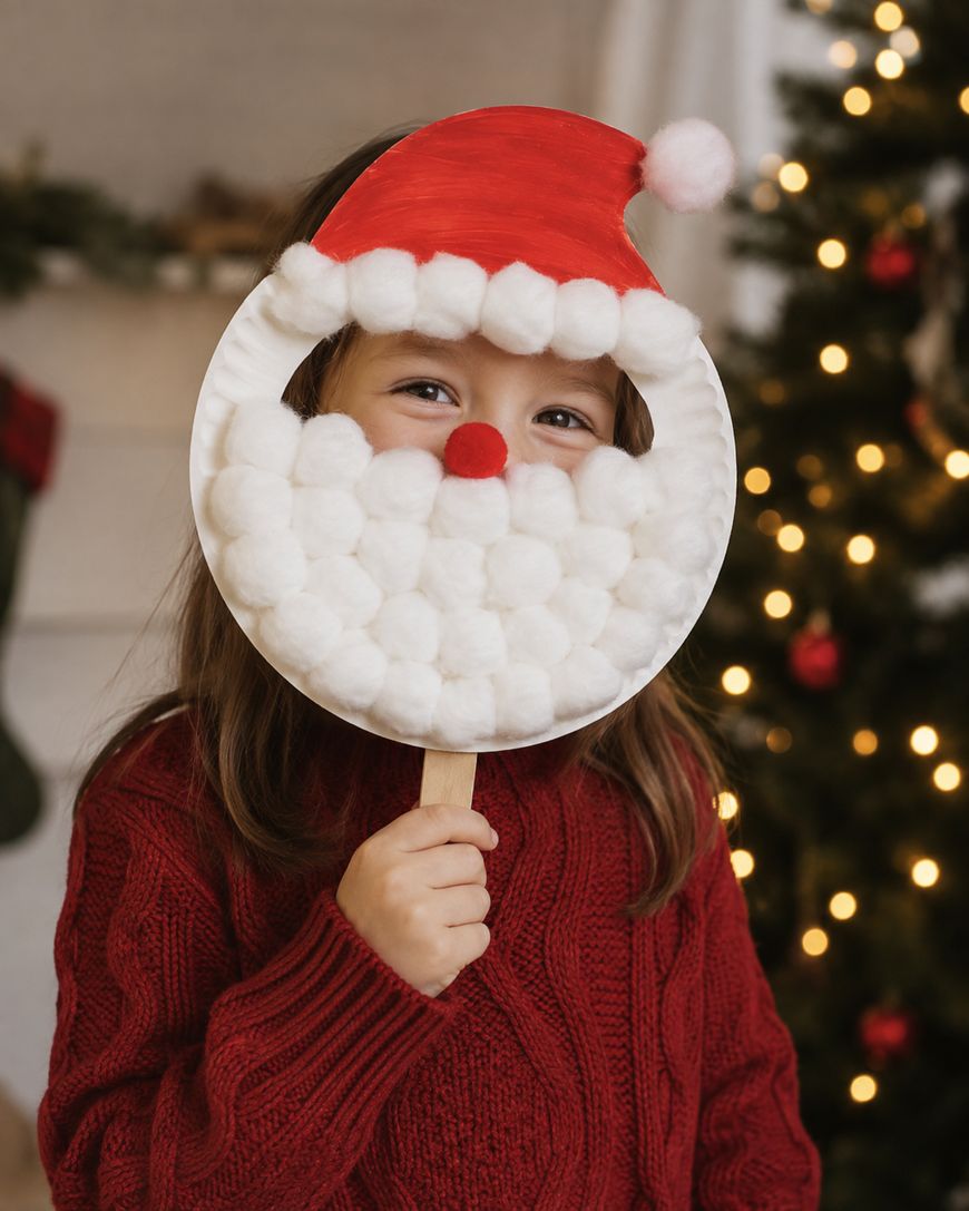Child in a red sweater holds a handmade Santa mask made of cotton balls, covering their face. A Christmas tree with lights is blurred in the background.