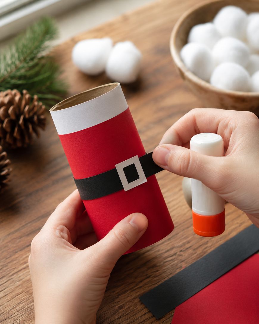 Hands making a Santa craft using a cardboard tube wrapped in red and black paper, with glue applied to attach a belt detail. Pinecones, cotton balls, and craft supplies are on the wooden table nearby.