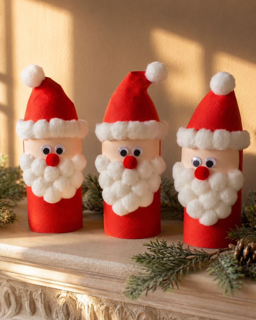 Three handmade Santa decorations made from toilet paper rolls, red felt hats, googly eyes, red noses, and fluffy white beards, are displayed on a mantel with pine branches around them.