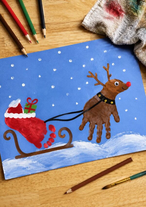 A childs drawing shows a sleigh with gifts and a reindeer made from a brown handprint, with falling snow on a blue background. Colored pencils and a paintbrush are nearby.