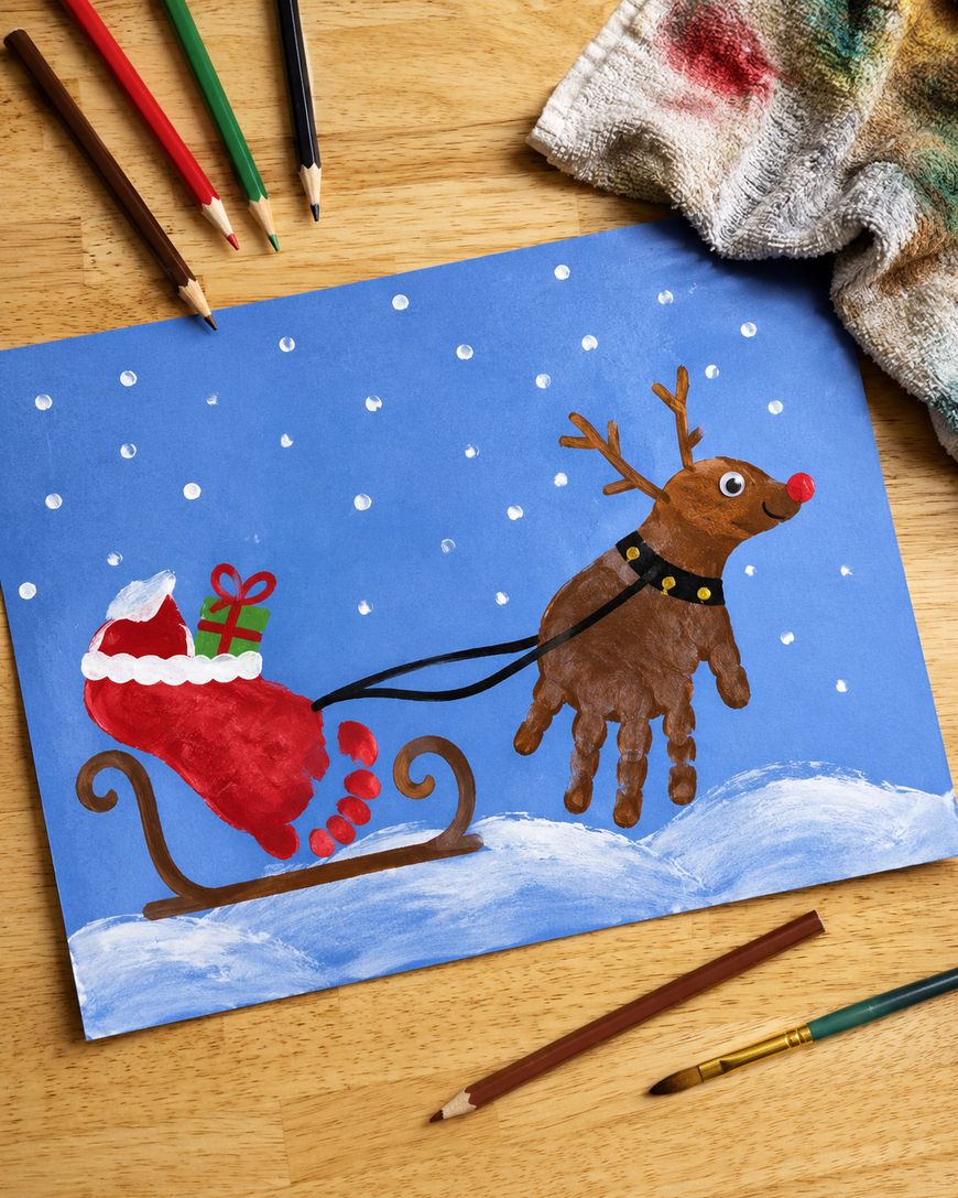 A painting shows Santas sleigh with gifts and a reindeer made from a brown handprint, with snow falling on a blue background. Colored pencils and a paintbrush lie nearby on the wooden table.