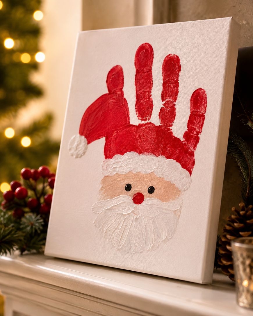 A canvas painting of Santa Claus made from a red handprint, with added white paint for his beard and hat trim, two black eyes, and a red nose. The painting is displayed on a mantel with festive decorations.