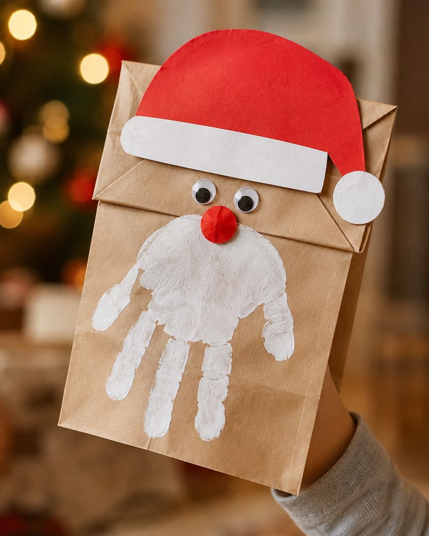 A brown paper bag decorated as Santa with a red hat, googly eyes, a red pom-pom nose, and a white handprint for a beard, held up by a child. A blurred Christmas tree is in the background.