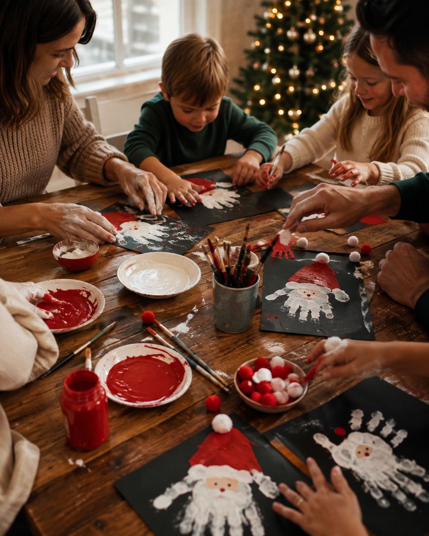 A family sits around a table making Santa crafts with white and red paint handprints on black paper. Art supplies and festive decorations are spread out on the wooden table. A Christmas tree is in the background.