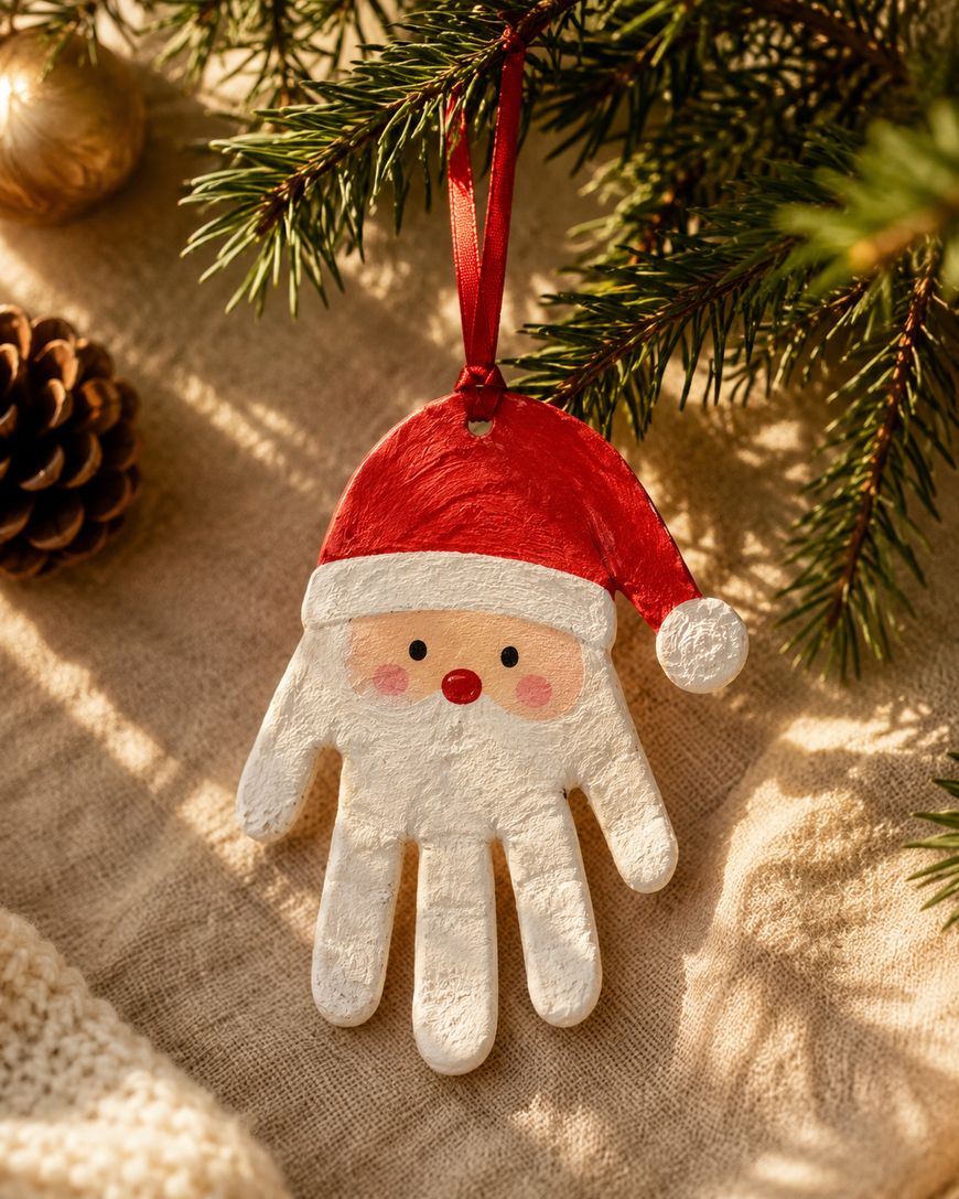 A handmade Christmas ornament shaped like a handprint, painted as Santa Claus with a red hat, hangs from a tree branch. Pine needles and a pinecone are nearby.