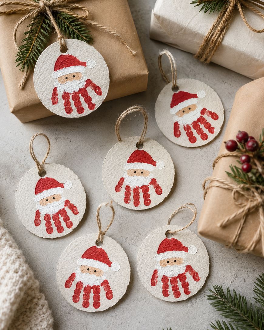 Six handmade round ornaments painted with Santa faces and red handprints are displayed among wrapped gifts, pine sprigs, and festive decorations on a light surface.
