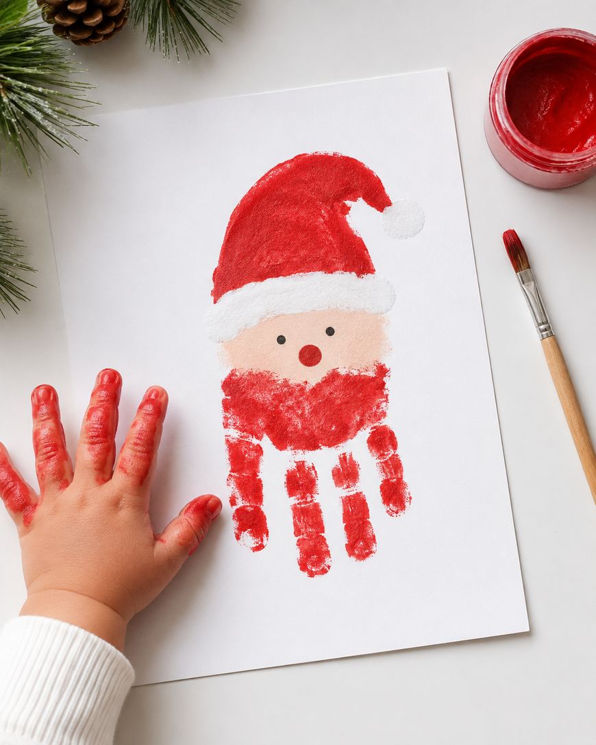 A childs painted handprint creates a Santa Claus face and hat on white paper. The childs hand is red with paint. A brush, red paint jar, pine branches, and pinecone are on the white table.