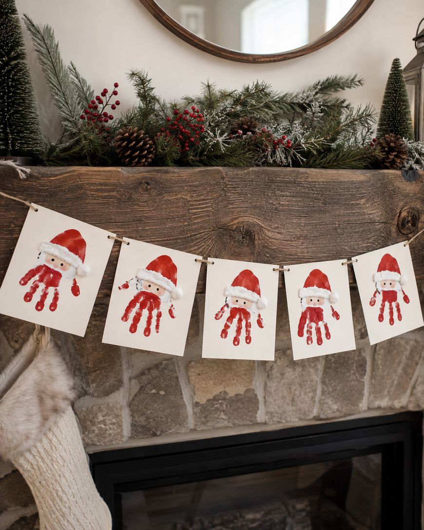 Five handprint Santa Claus crafts are strung on a garland across a rustic fireplace mantle decorated with pine branches, berries, pinecones, and small Christmas trees, creating a festive holiday display.