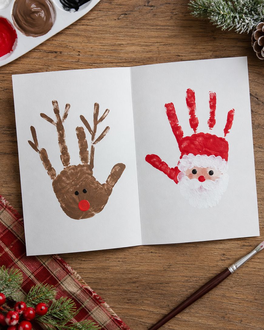 An open card shows reindeer and Santa faces made from brown and red handprints, surrounded by Christmas decorations and painting supplies on a wooden table.
