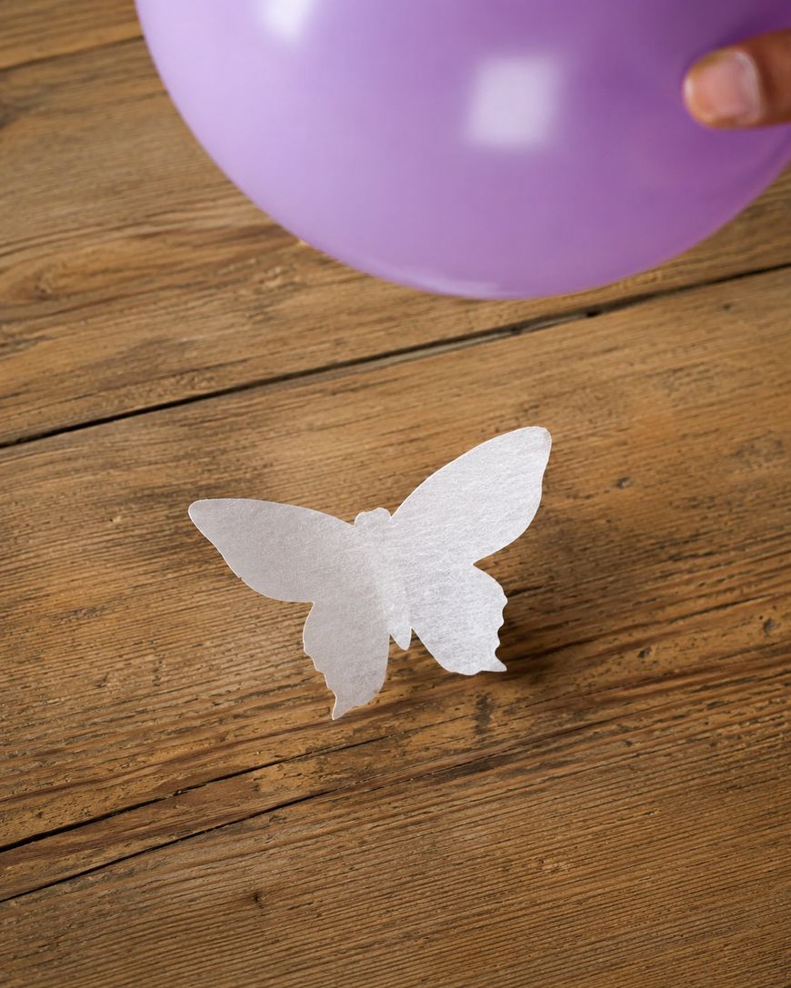 A hand holds a purple balloon above a white paper butterfly on a wooden surface. The butterflys wings are upright, likely reacting to static electricity from the balloon.