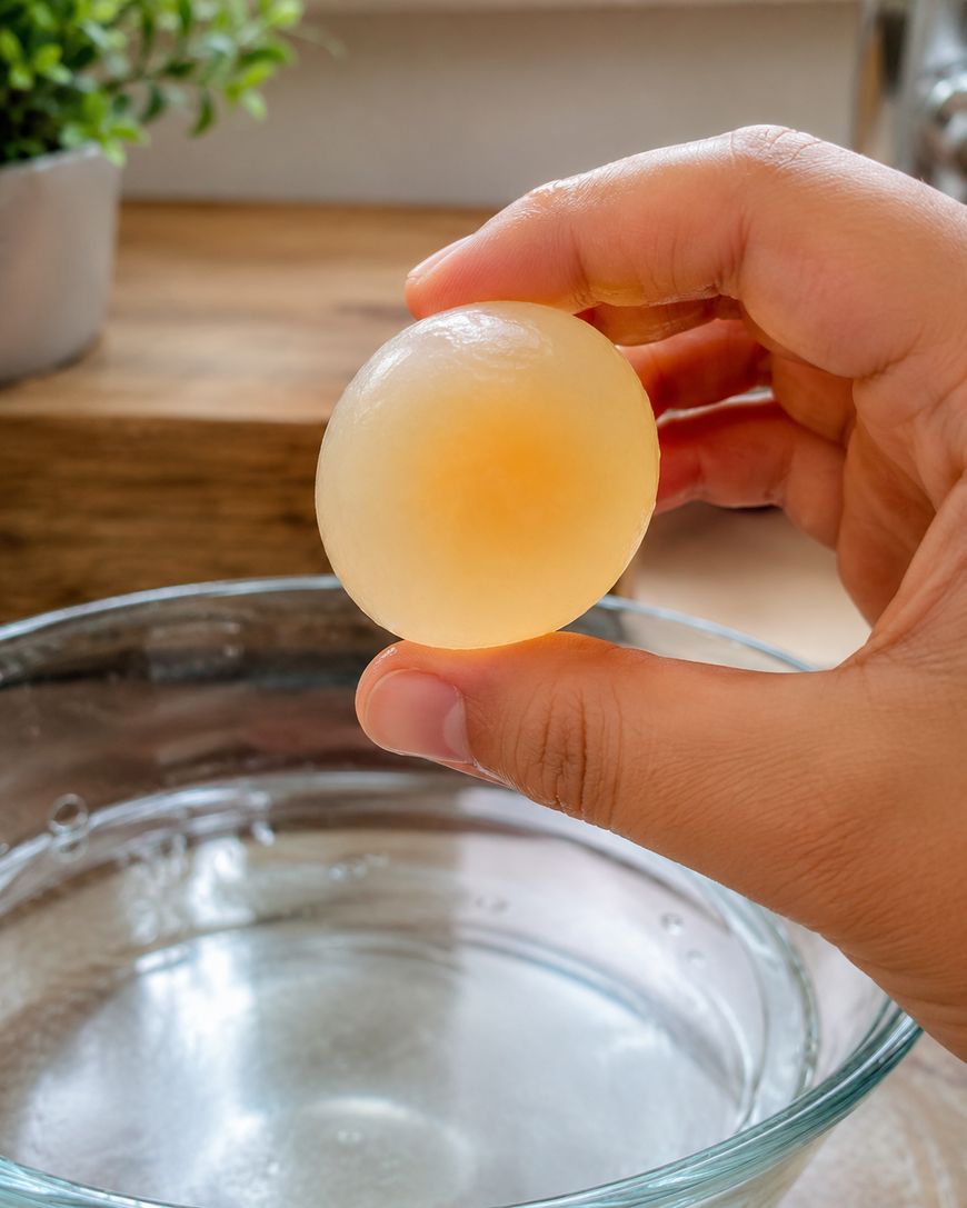 A hand holds a translucent, peeled egg above a glass bowl of water. A plant and wooden surface are blurred in the background.