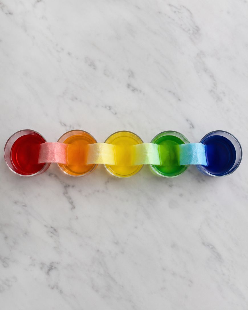 Five cups with red, orange, yellow, green, and blue liquid are arranged in a row, connected by strips of paper, creating a rainbow effect on a white marble surface.