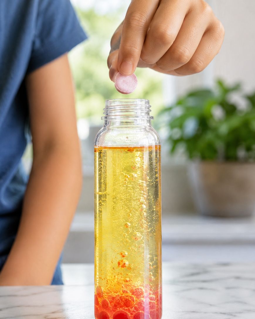 A hand drops a purple tablet into a clear bottle filled with yellow liquid and red spheres, creating bubbles, on a marble surface with a leafy plant in the blurred background.