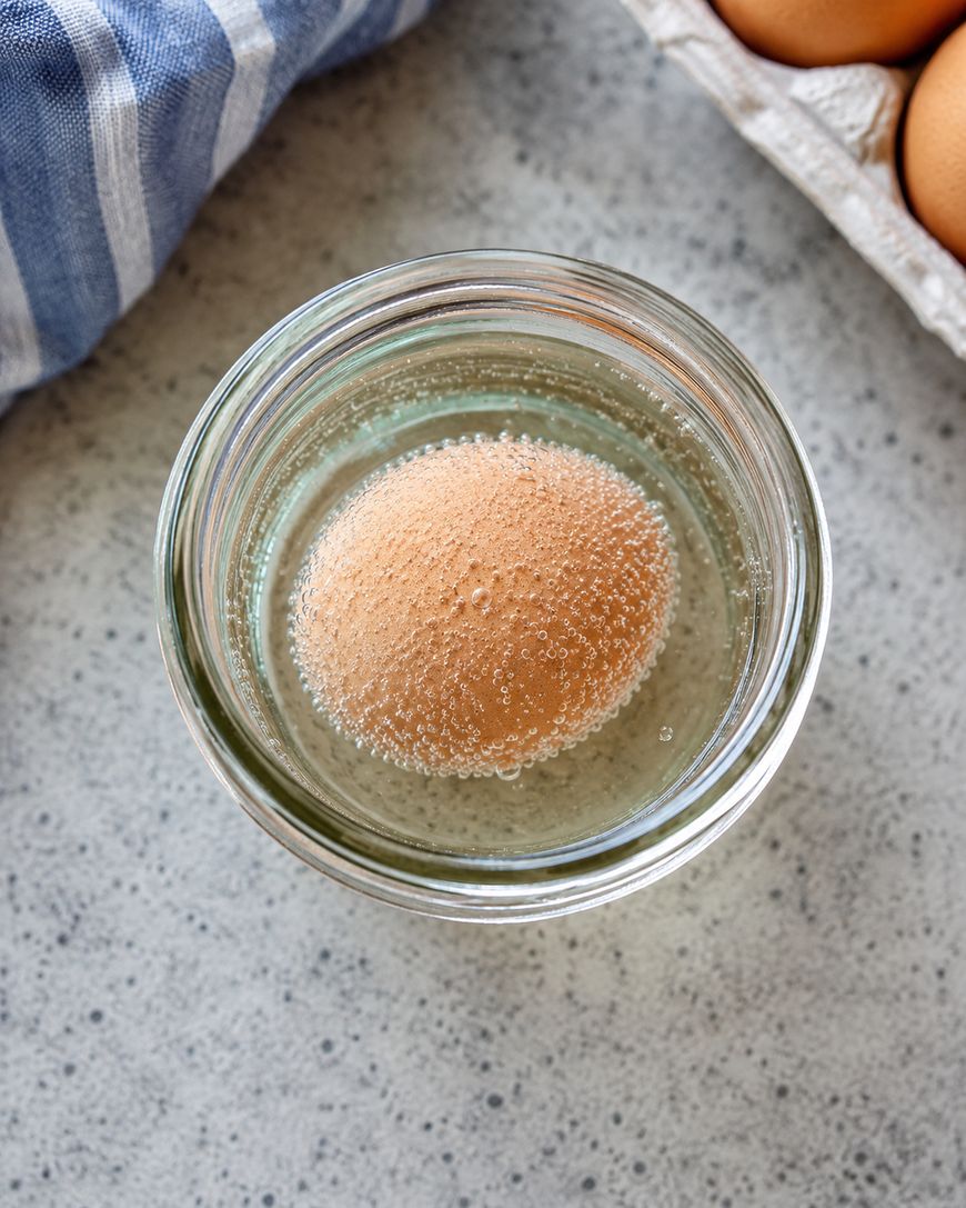 A brown egg floats in a glass of water on a gray countertop, next to a blue-striped cloth and a carton of eggs.