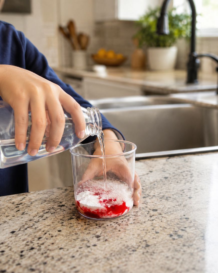 A person pours clear water from a bottle into a glass containing red powder on a kitchen countertop near a sink.