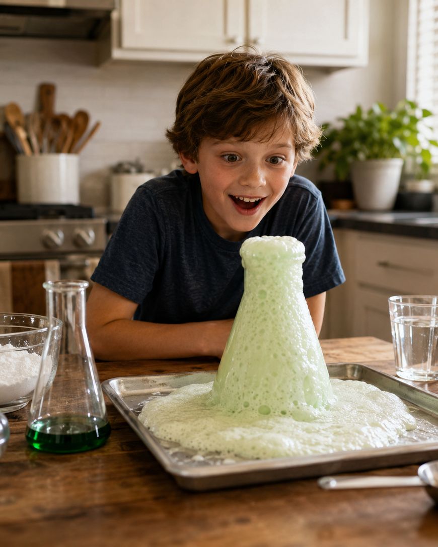 A young boy excitedly watches a homemade volcano erupt green foam on a tray in a kitchen, surrounded by science experiment supplies.
