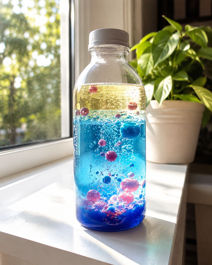A clear plastic bottle filled with blue liquid, oil, and floating pink bubbles sits on a windowsill next to a green potted plant, with sunlight streaming through the window.