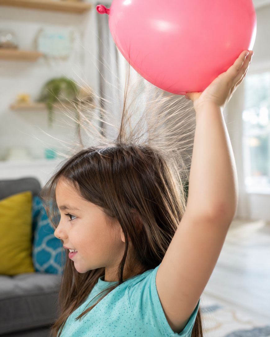 A young girl in a teal shirt holds a pink balloon above her head, causing her hair to stand up from static electricity.
