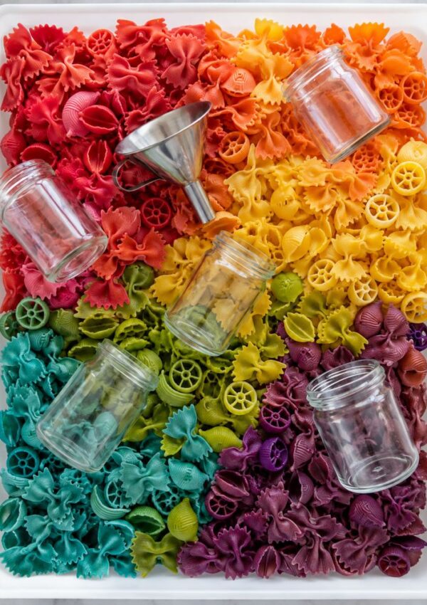 A tray displays pasta in bowtie, shell, and wheel shapes dyed in rainbow colors, arranged in stripes. Five empty glass jars and a metal funnel are scattered on top.