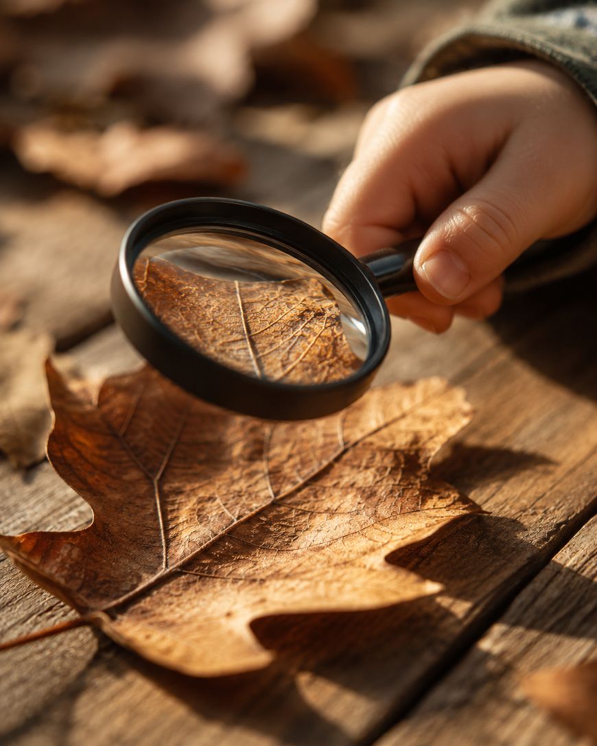 A childs hand holds a magnifying glass over a brown autumn leaf on a wooden surface, highlighting the leafs detailed veins and texture.