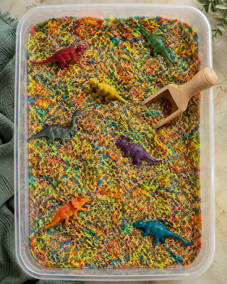A plastic bin filled with colorful rainbow rice, six small toy dinosaurs of various colors, and a wooden scoop placed among the rice and dinosaurs.