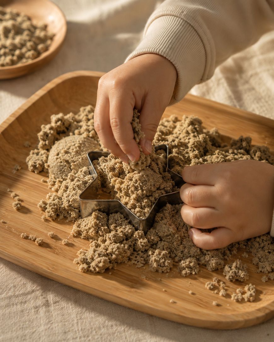 A childs hands press kinetic sand into a star-shaped cookie cutter on a wooden tray, with more sand in a dish nearby.