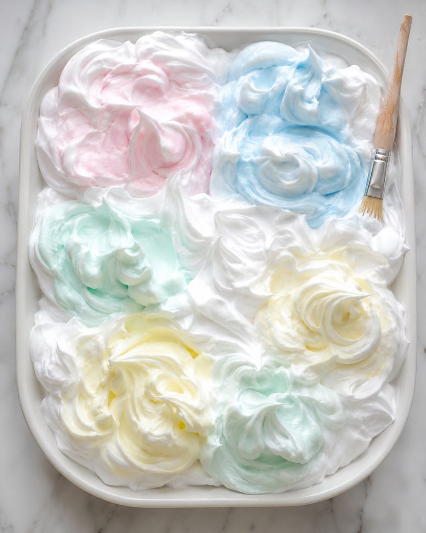 A tray of whipped cream or meringue in pastel pink, blue, green, and yellow swirls, with a wooden-handled brush resting on the side, set on a white marble surface.