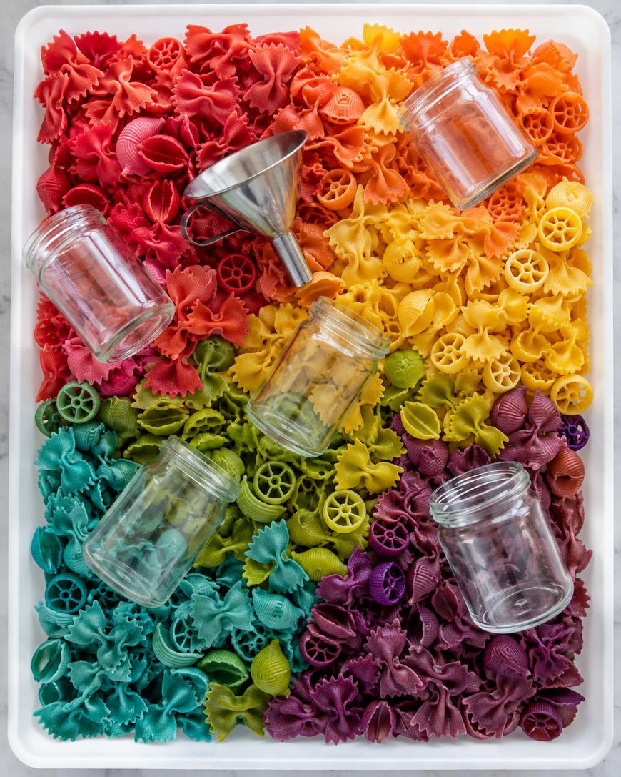 Six empty glass jars and a metal funnel lying on a tray filled with dry, multicolored pasta arranged in rainbow order: red, orange, yellow, green, teal, and purple.