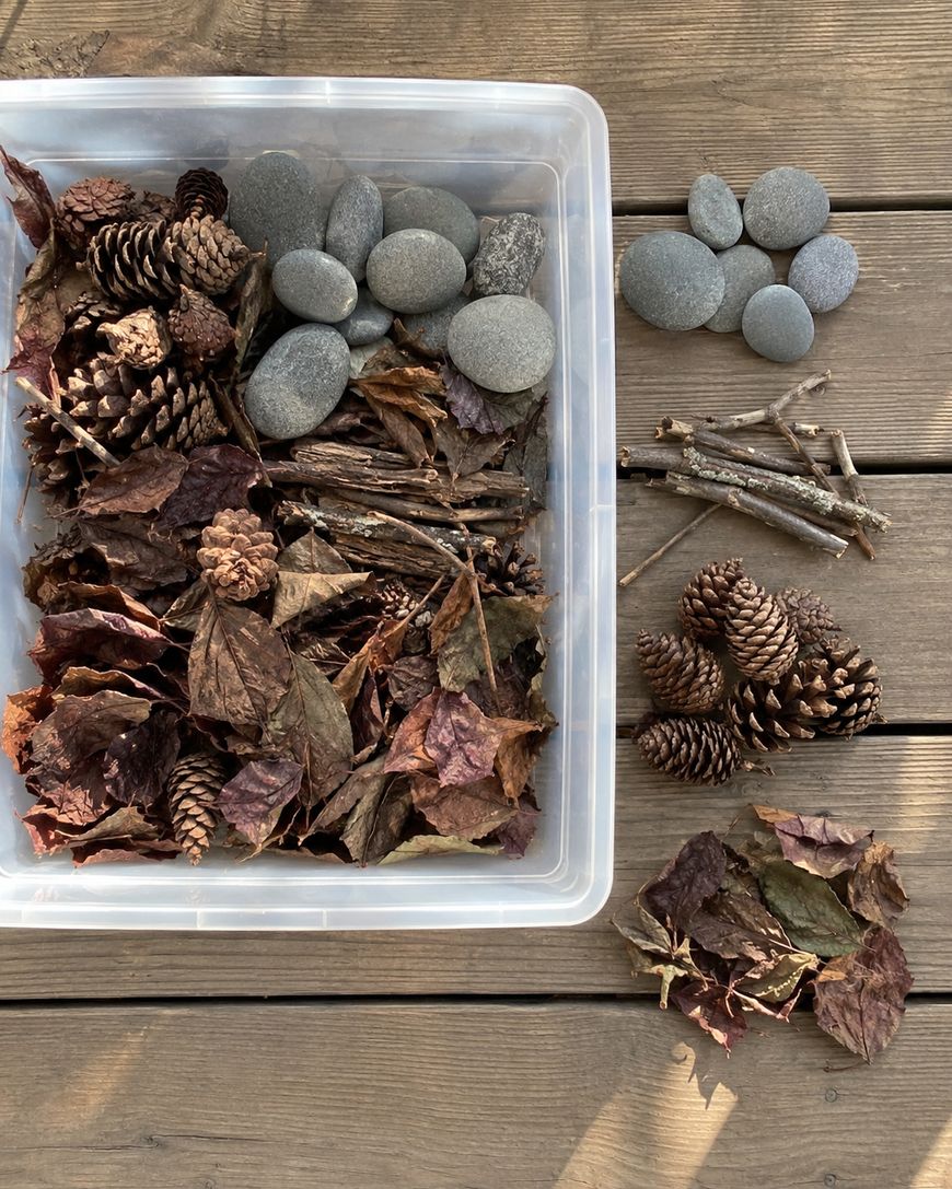 A plastic bin holds dry leaves, pinecones, sticks, and rocks. Beside the bin on a wooden surface are small piles of gray rocks, twigs, pinecones, and leaves.