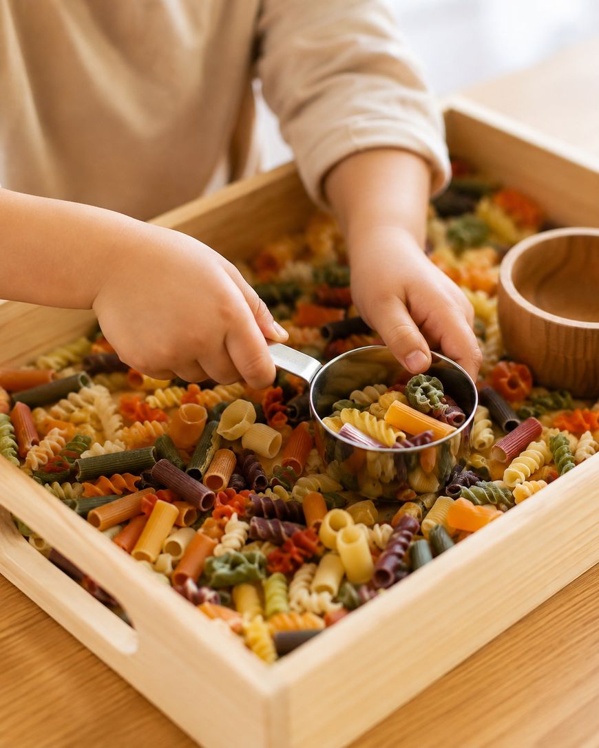 A child scoops colorful dried pasta with a metal measuring cup from a wooden tray, next to a small wooden bowl on a table.