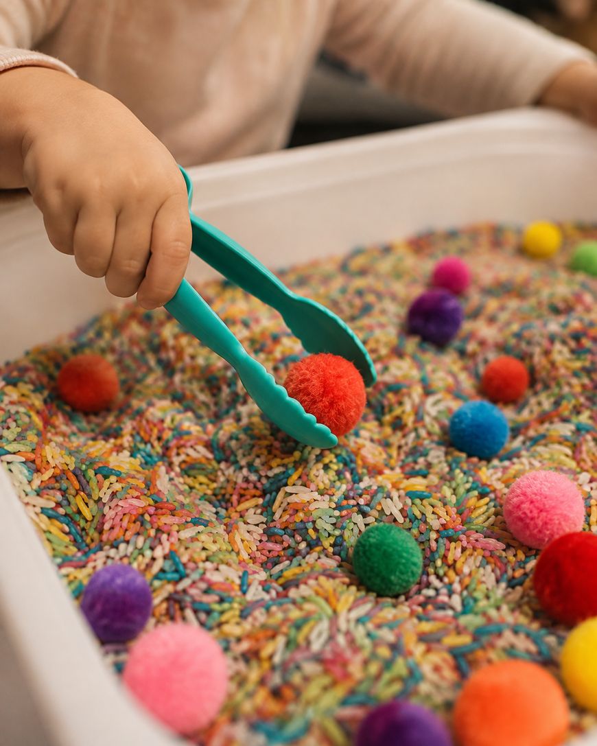 A child uses blue tongs to pick up a red pompom from a sensory bin filled with colorful rice and various colored pompoms.