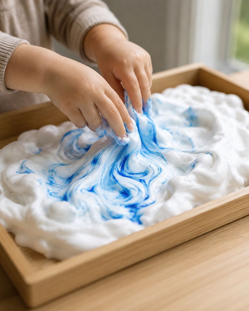 A childs hands swirl blue paint into white foam in a wooden tray, creating a marbled effect. The activity takes place indoors near a window.