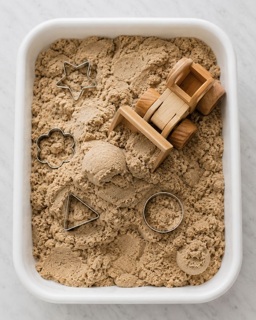 A white tray filled with kinetic sand, a wooden toy truck, and four metal cookie cutters in star, flower, triangle, and circle shapes are placed on top.