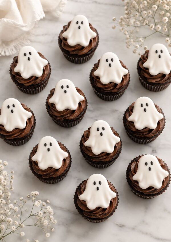 Twelve chocolate cupcakes topped with white fondant ghosts with black eyes and mouths, arranged on a marble surface with delicate white flowers around them.