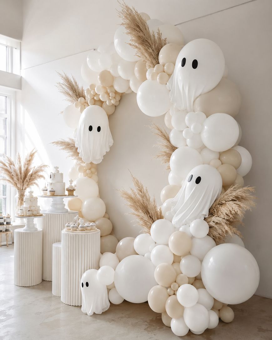 A balloon arch with ghost-shaped balloons, pampas grass, and cream-colored round balloons decorates a room for a Halloween party. There are dessert tables beside the arch.
