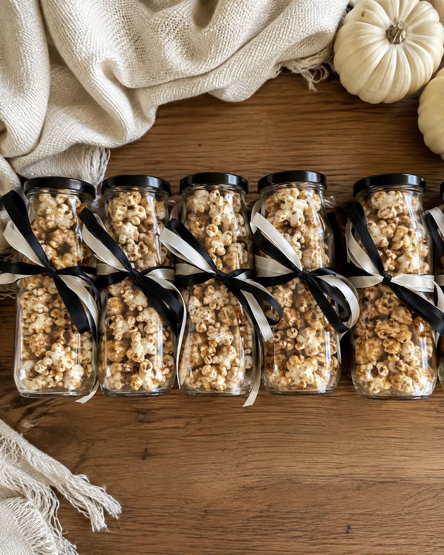 Six jars filled with caramel popcorn, each tied with black and white ribbons, are arranged on a wooden table. A cream-colored cloth and white pumpkins are in the background.