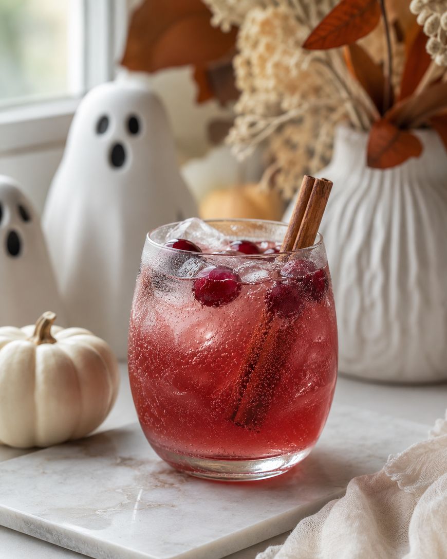 A glass of red festive drink with cranberries, ice, and a cinnamon stick sits on a marble surface, with small white pumpkin decor and ghost-shaped ornaments in the background.