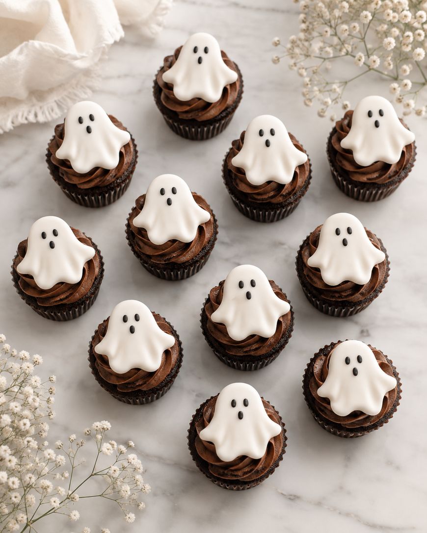 Twelve chocolate cupcakes topped with white ghost-shaped icing and chocolate frosting are arranged on a marble surface, with sprigs of white babys breath flowers nearby.