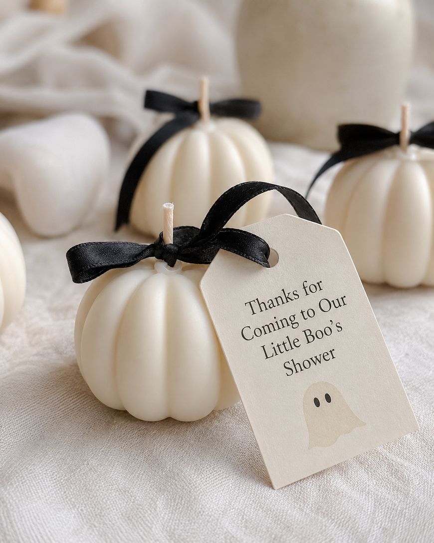 A small white pumpkin-shaped candle with a black ribbon and a tag that reads, Thanks for Coming to Our Little Boos Shower, with a ghost illustration, sits on a light fabric surface.
