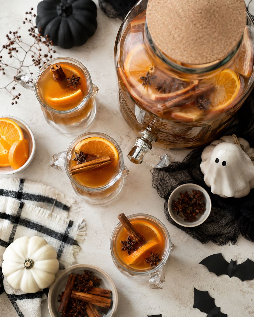 Three glasses and a large jug of orange punch with cinnamon sticks and star anise, surrounded by mini pumpkins, a plaid cloth, a ghost decoration, and black bats on a light surface.