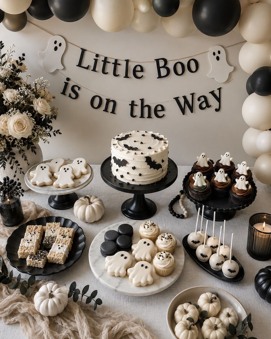 Halloween-themed baby shower table with ghost cookies, cupcakes, a cake, cake pops, macarons, rice treats, pumpkins, flowers, candles, and Little Boo is on the Way banner with ghost cutouts and black, white, and beige balloons.