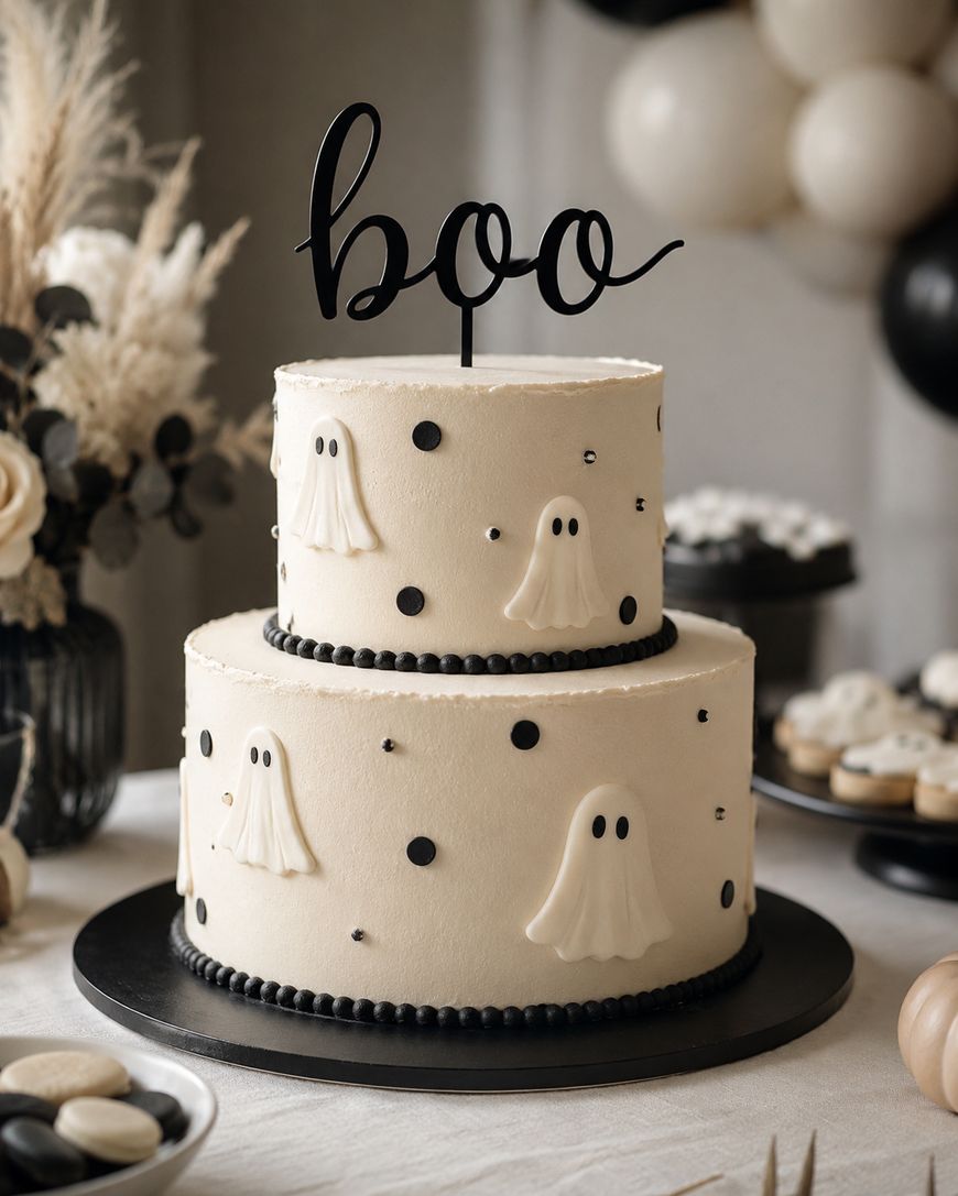Two-tiered white cake decorated with small fondant ghosts and black dots, topped with a black boo sign. Black and white balloons and treats are in the background, creating a Halloween-themed setting.