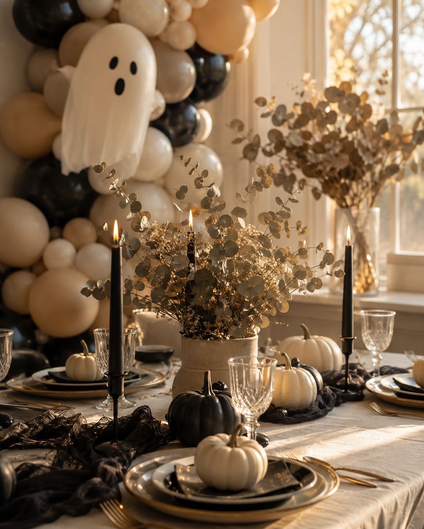 Elegant Halloween table setting with black candles, white and black pumpkins, gold accents, and dried plants. Balloon arch with a ghost decoration is in the background. Sunlight streams in through a window.
