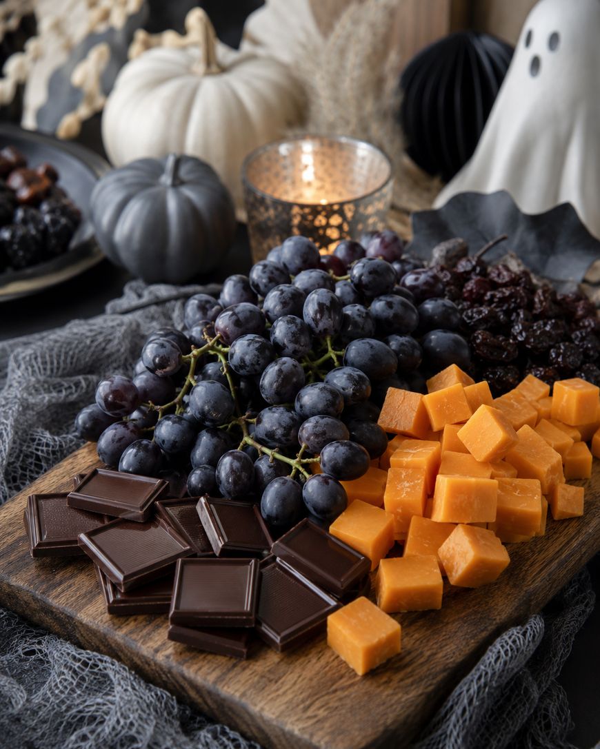 A wooden board with dark grapes, cheddar cubes, dark chocolate, and dried fruit. Halloween décor with pumpkins, a candle, and a ghost are in the background.