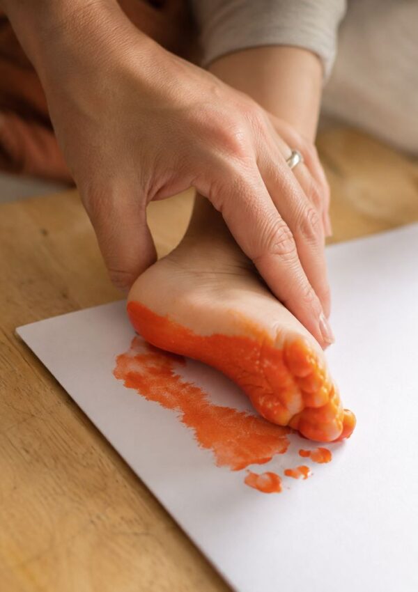 An adult presses a childs foot, covered in orange paint, onto a sheet of white paper, creating a colorful footprint on a wooden surface.