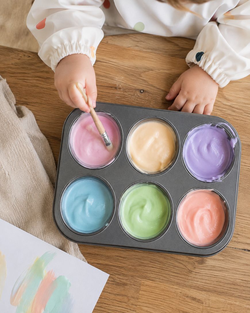 A child dips a paintbrush into a muffin tin filled with six pastel paints—pink, yellow, purple, blue, green, and orange—on a wooden table.