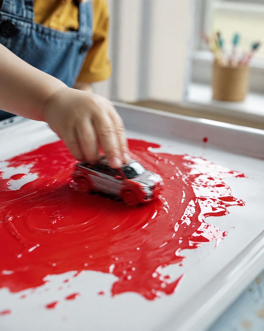 A childs hand moves a toy car through bright red paint on a tray, creating colorful swirls. Art supplies are blurred in the background.