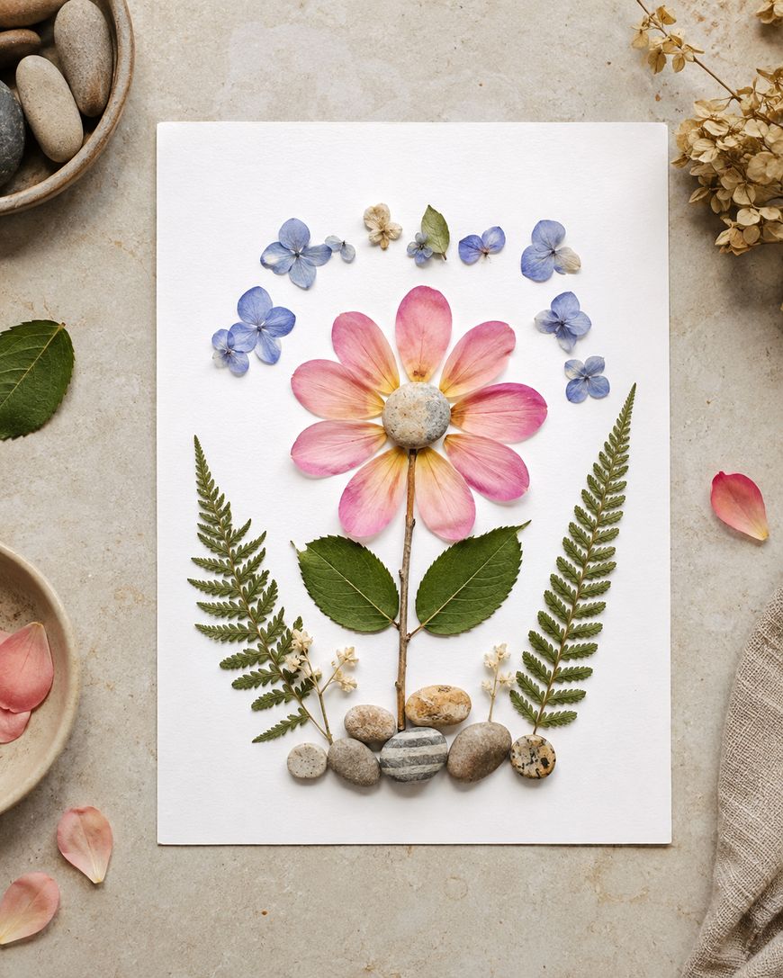 A floral artwork made from real petals, leaves, and small stones arranged on white paper to form a large flower, ferns, and blue buds, surrounded by scattered petals and pebbles on a neutral surface.
